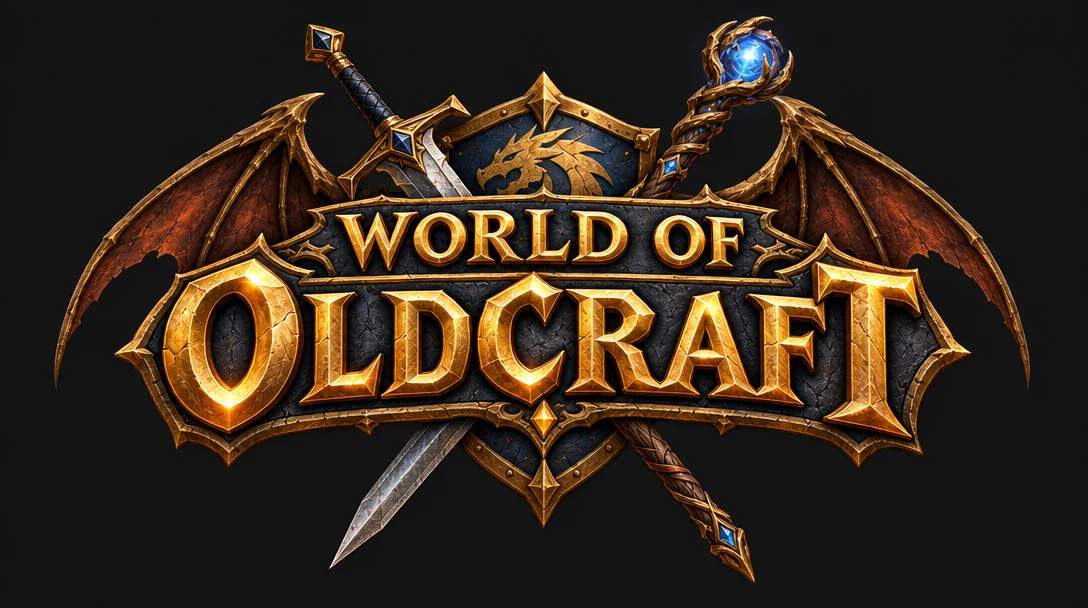主 logo:黑底上金色『WORLD OF OLDCRAFT』凿刻字,叠在龙首盾徽、交叉长剑与蓝珠法杖、展开的双龙翼之上。