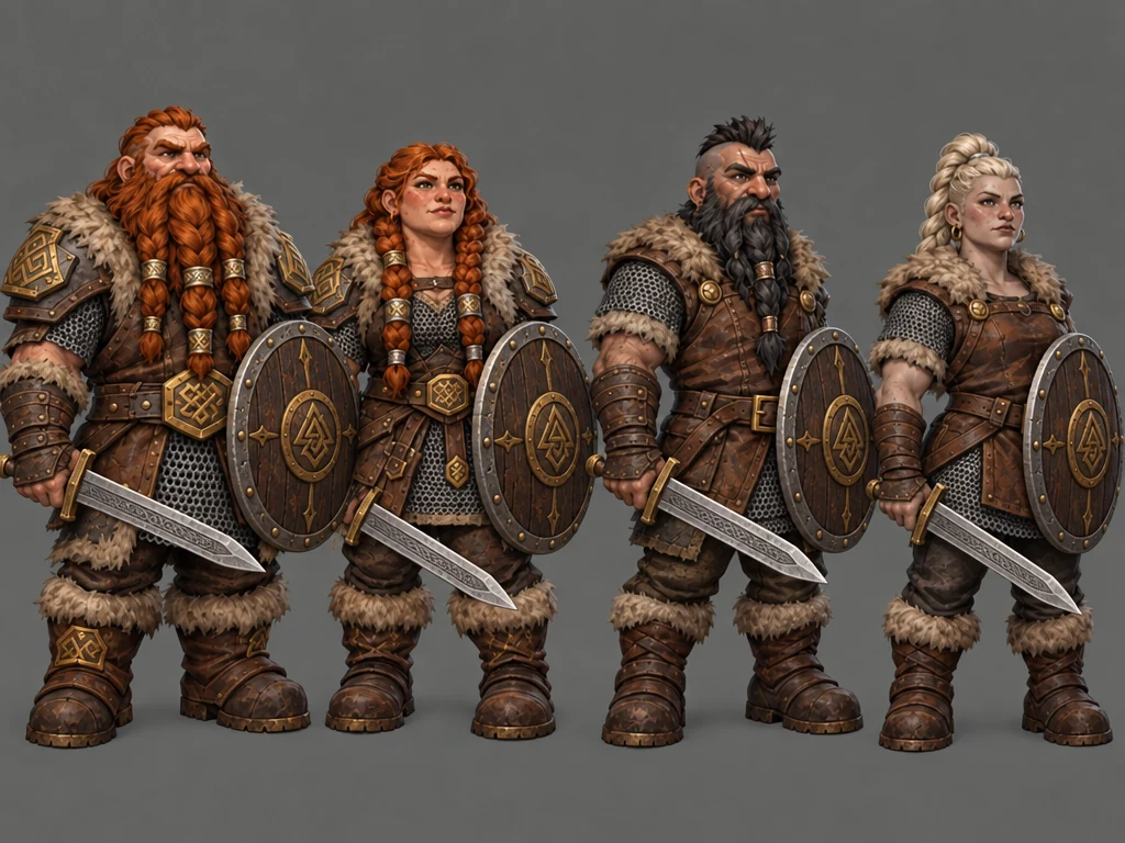 矮人 v2 角色定位表:同 race_dwarf_C 的 4 人,统一改为右手持结纹阔剑+左手持金徽圆盾,服装不变,灰底