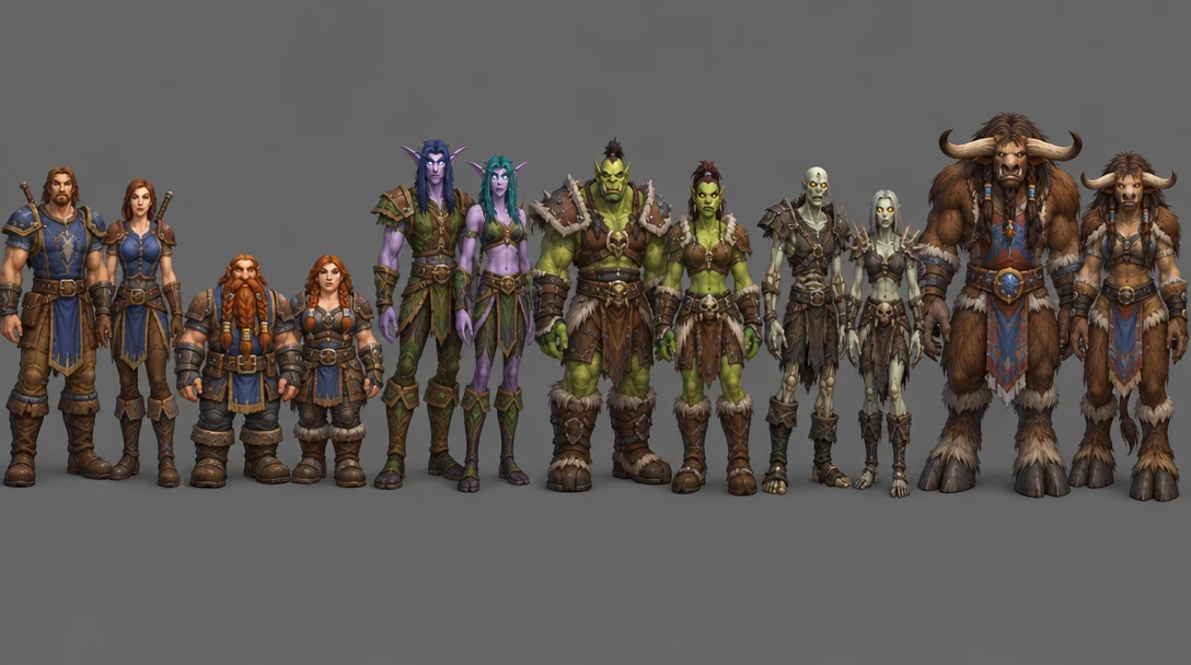 六种种族×双性别合影 lineup(A 变体):人类/矮人/夜精灵/兽人/亡灵/牛头人共 12 人,中灰背景