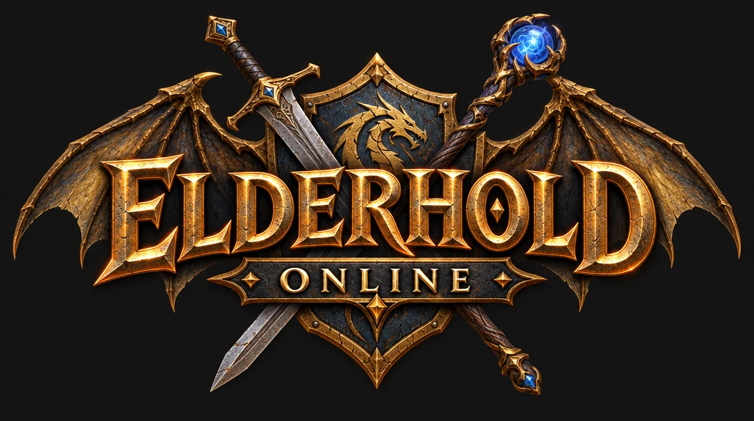 游戏 Logo 候选 ELDERHOLD ONLINE(A:石拱门+发光符文剑+双狮+橙金)