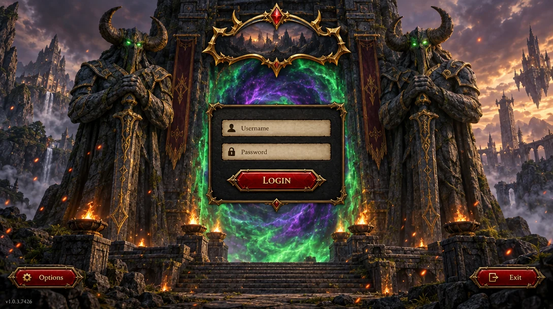 登录界面候选(v1,A):羊角恶魔像+绿紫传送门+登录框